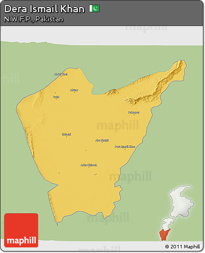 Savanna Style 3D Map of Dera Ismail Khan, single color outside