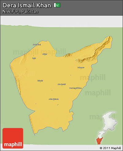 Savanna Style 3D Map of Dera Ismail Khan, single color outside