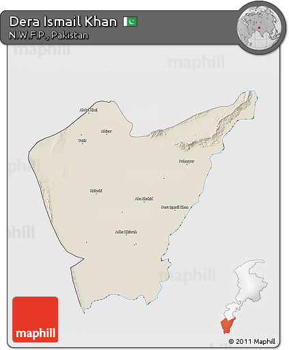 Shaded Relief 3D Map of Dera Ismail Khan, cropped outside
