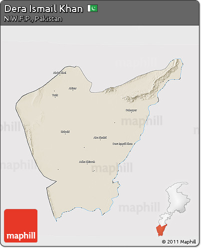 Shaded Relief 3D Map of Dera Ismail Khan, cropped outside