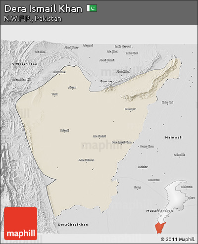 Shaded Relief 3D Map of Dera Ismail Khan, desaturated
