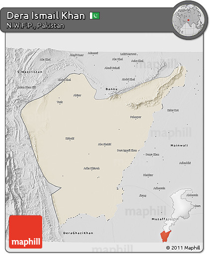 Shaded Relief 3D Map of Dera Ismail Khan, desaturated