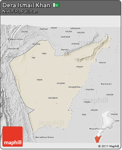Shaded Relief 3D Map of Dera Ismail Khan, desaturated