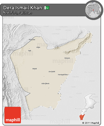 Shaded Relief 3D Map of Dera Ismail Khan, lighten, desaturated