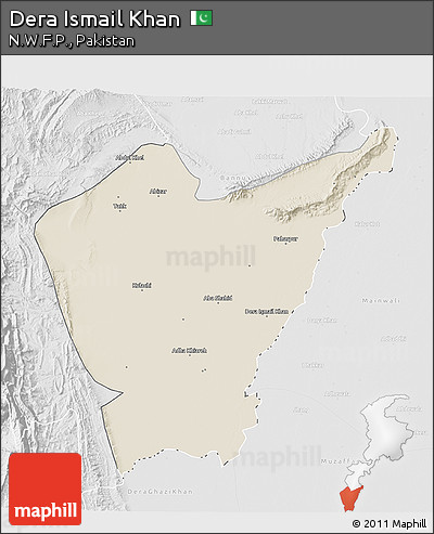 Shaded Relief 3D Map of Dera Ismail Khan, lighten, desaturated