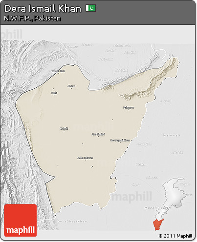 Shaded Relief 3D Map of Dera Ismail Khan, lighten, desaturated