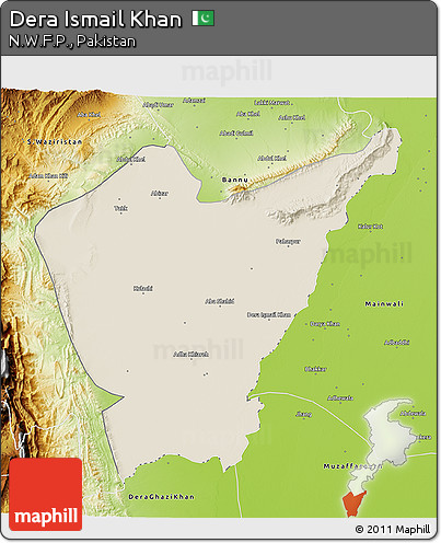 Shaded Relief 3D Map of Dera Ismail Khan, physical outside