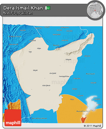 Shaded Relief 3D Map of Dera Ismail Khan, political outside