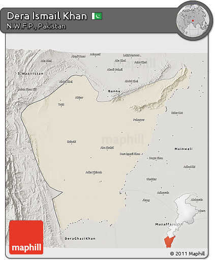 Shaded Relief 3D Map of Dera Ismail Khan, semi-desaturated