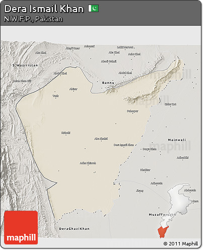 Shaded Relief 3D Map of Dera Ismail Khan, semi-desaturated