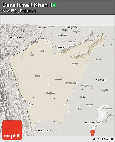 Shaded Relief 3D Map of Dera Ismail Khan, semi-desaturated