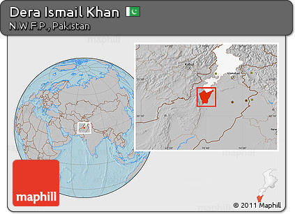 Gray Location Map of Dera Ismail Khan, highlighted parent region, hill shading