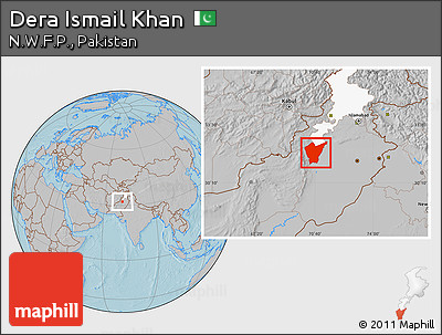 Gray Location Map of Dera Ismail Khan, highlighted parent region, hill shading