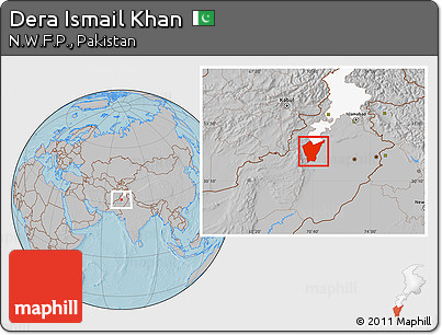 Gray Location Map of Dera Ismail Khan, highlighted parent region, hill shading
