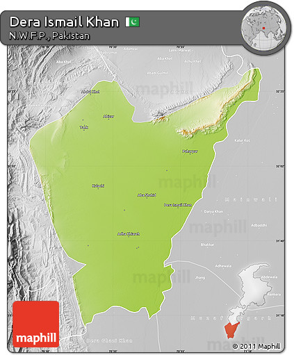 Physical Map of Dera Ismail Khan, lighten, desaturated