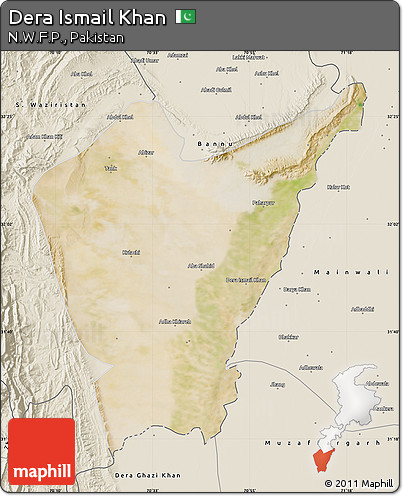 Satellite Map of Dera Ismail Khan, shaded relief outside