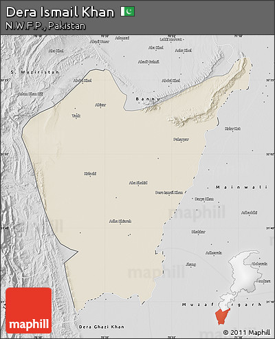 Shaded Relief Map of Dera Ismail Khan, desaturated