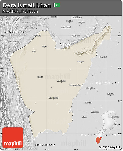 Shaded Relief Map of Dera Ismail Khan, desaturated