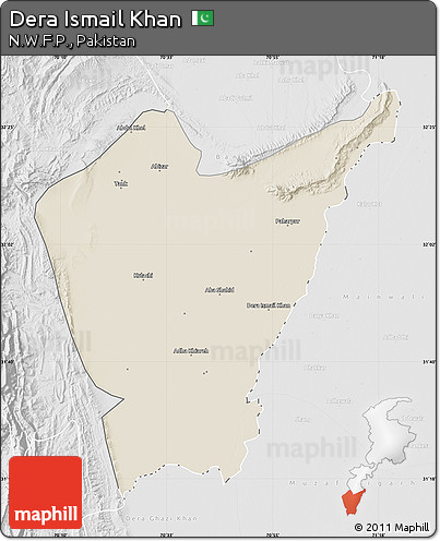 Shaded Relief Map of Dera Ismail Khan, lighten, desaturated