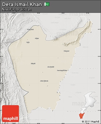 Shaded Relief Map of Dera Ismail Khan, lighten, semi-desaturated