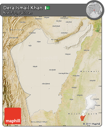 Shaded Relief Map of Dera Ismail Khan, satellite outside