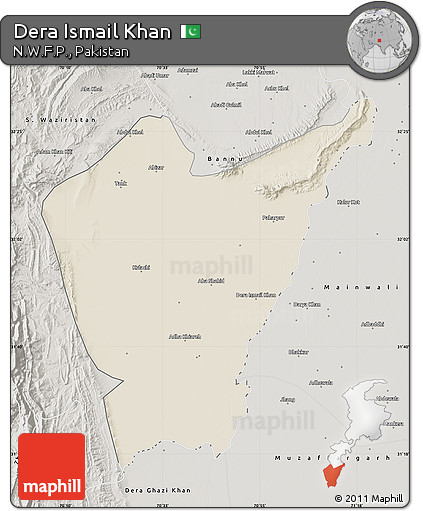 Shaded Relief Map of Dera Ismail Khan, semi-desaturated
