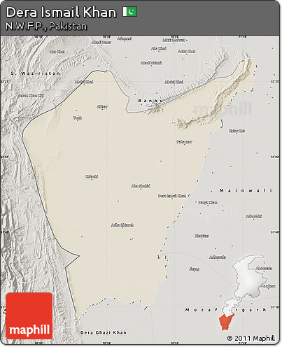 Shaded Relief Map of Dera Ismail Khan, semi-desaturated