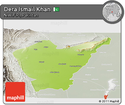 Physical Panoramic Map of Dera Ismail Khan, lighten, semi-desaturated