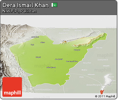 Physical Panoramic Map of Dera Ismail Khan, lighten, semi-desaturated