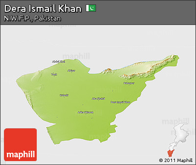 Physical Panoramic Map of Dera Ismail Khan, single color outside
