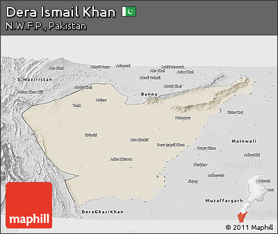 Shaded Relief Panoramic Map of Dera Ismail Khan, desaturated