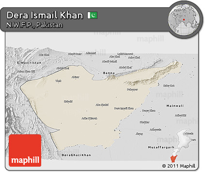 Shaded Relief Panoramic Map of Dera Ismail Khan, desaturated
