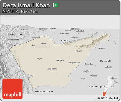 Shaded Relief Panoramic Map of Dera Ismail Khan, desaturated