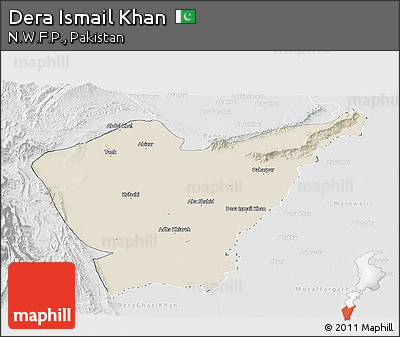 Shaded Relief Panoramic Map of Dera Ismail Khan, lighten, desaturated