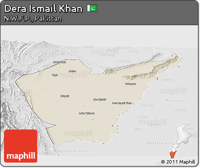 Shaded Relief Panoramic Map of Dera Ismail Khan, lighten, desaturated