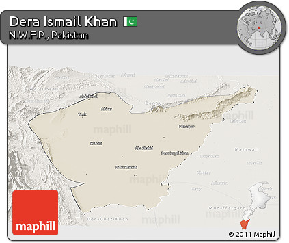 Shaded Relief Panoramic Map of Dera Ismail Khan, lighten