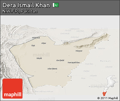 Shaded Relief Panoramic Map of Dera Ismail Khan, lighten