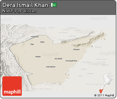 Shaded Relief Panoramic Map of Dera Ismail Khan, lighten