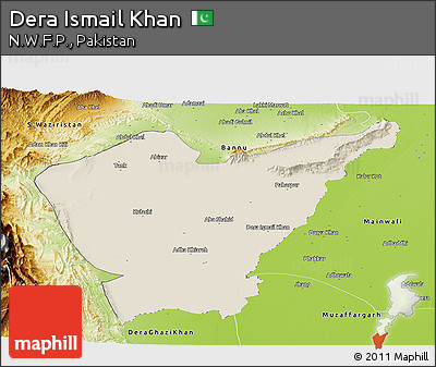 Shaded Relief Panoramic Map of Dera Ismail Khan, physical outside