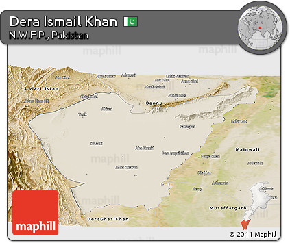 Shaded Relief Panoramic Map of Dera Ismail Khan, satellite outside