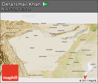 Shaded Relief Panoramic Map of Dera Ismail Khan, satellite outside