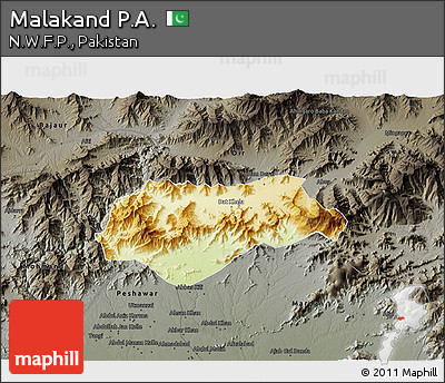 Physical 3D Map of Malakand P.A., darken, semi-desaturated