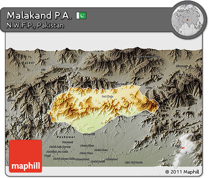 Physical 3D Map of Malakand P.A., darken, semi-desaturated