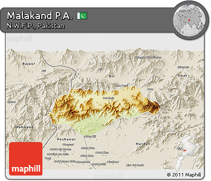 Physical 3D Map of Malakand P.A., shaded relief outside
