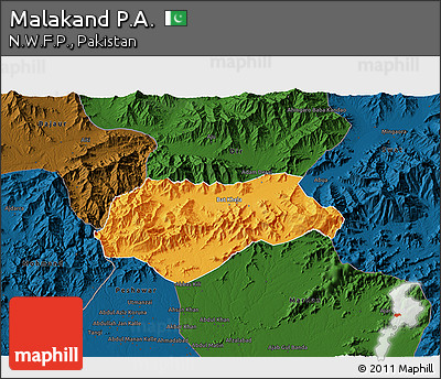 Political 3D Map of Malakand P.A., darken