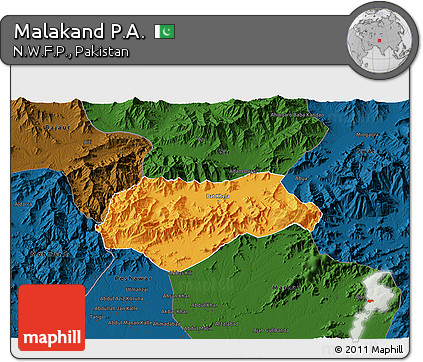 Political 3D Map of Malakand P.A., darken