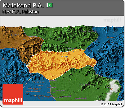 Political 3D Map of Malakand P.A., darken