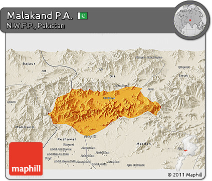 Political 3D Map of Malakand P.A., shaded relief outside