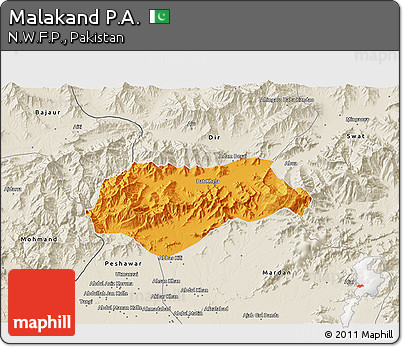 Political 3D Map of Malakand P.A., shaded relief outside
