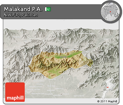 Satellite 3D Map of Malakand P.A., lighten, semi-desaturated